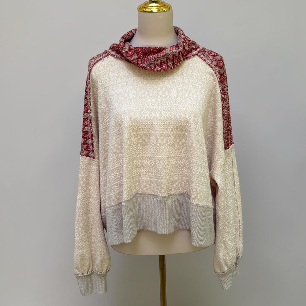 Free People At the‎ Lodge Cowl Neck Sweater Red Cream  Fair Isle Oversized